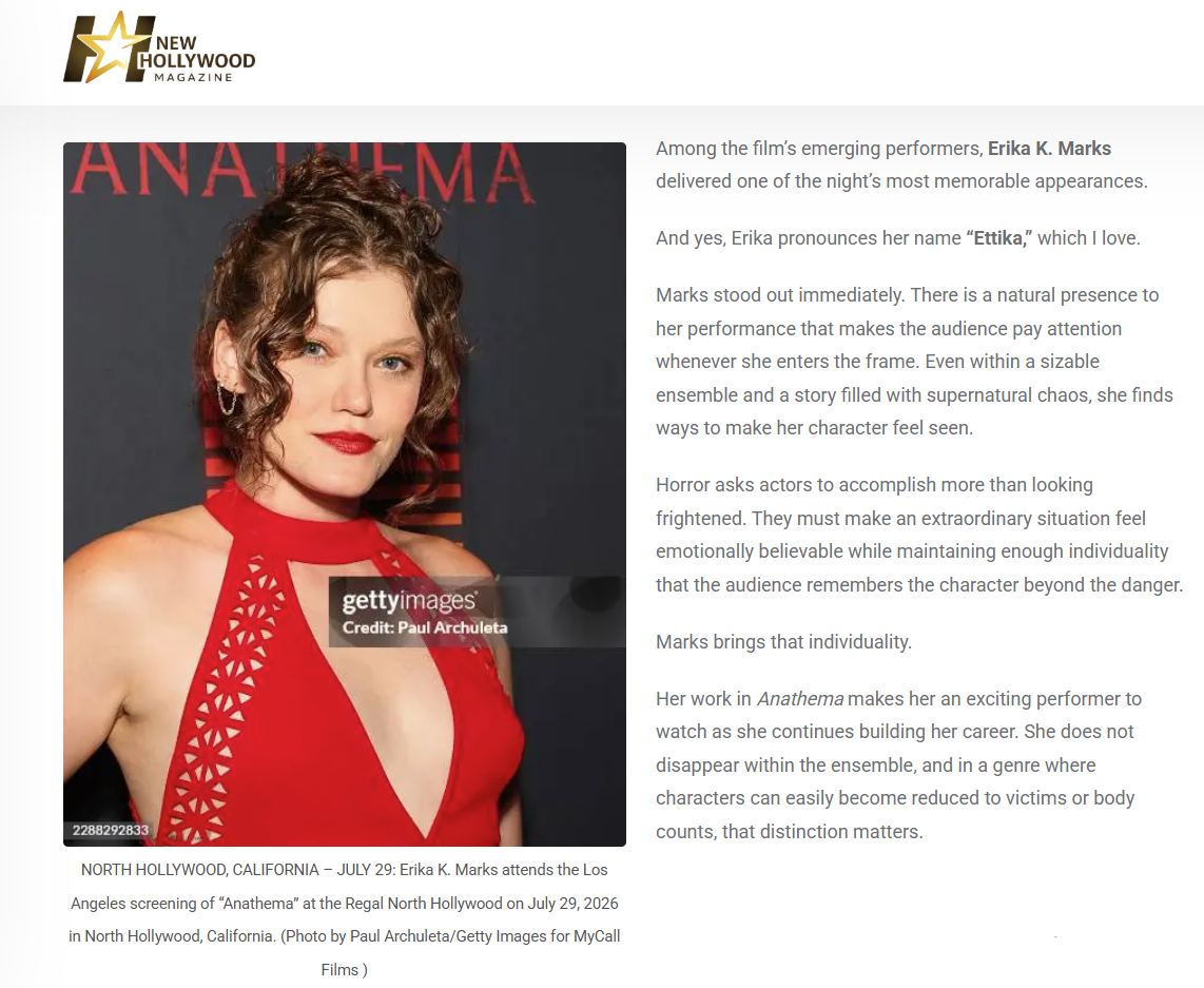 New Hollywood Magazine coverage of Erika K. Marks at the Anathema LA screening